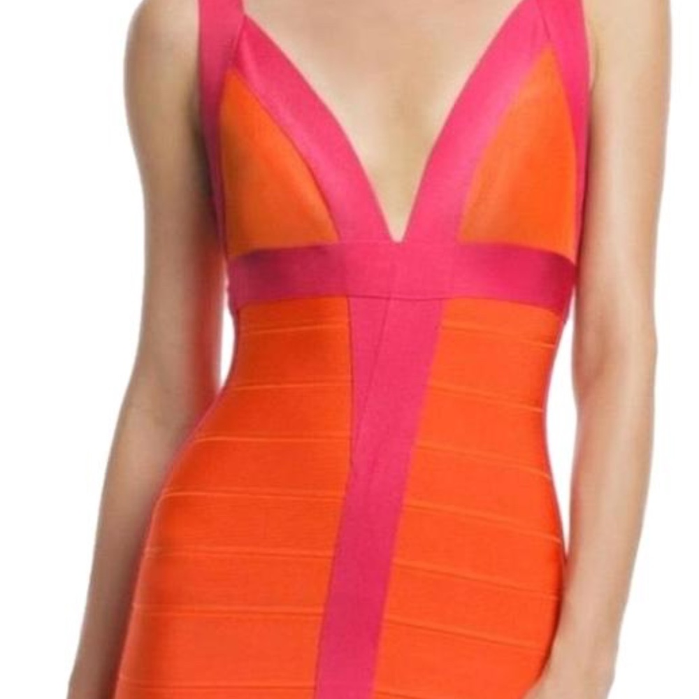 Herve Leger Pink Orange Citrus Flamingo Maxi Formal Dress
